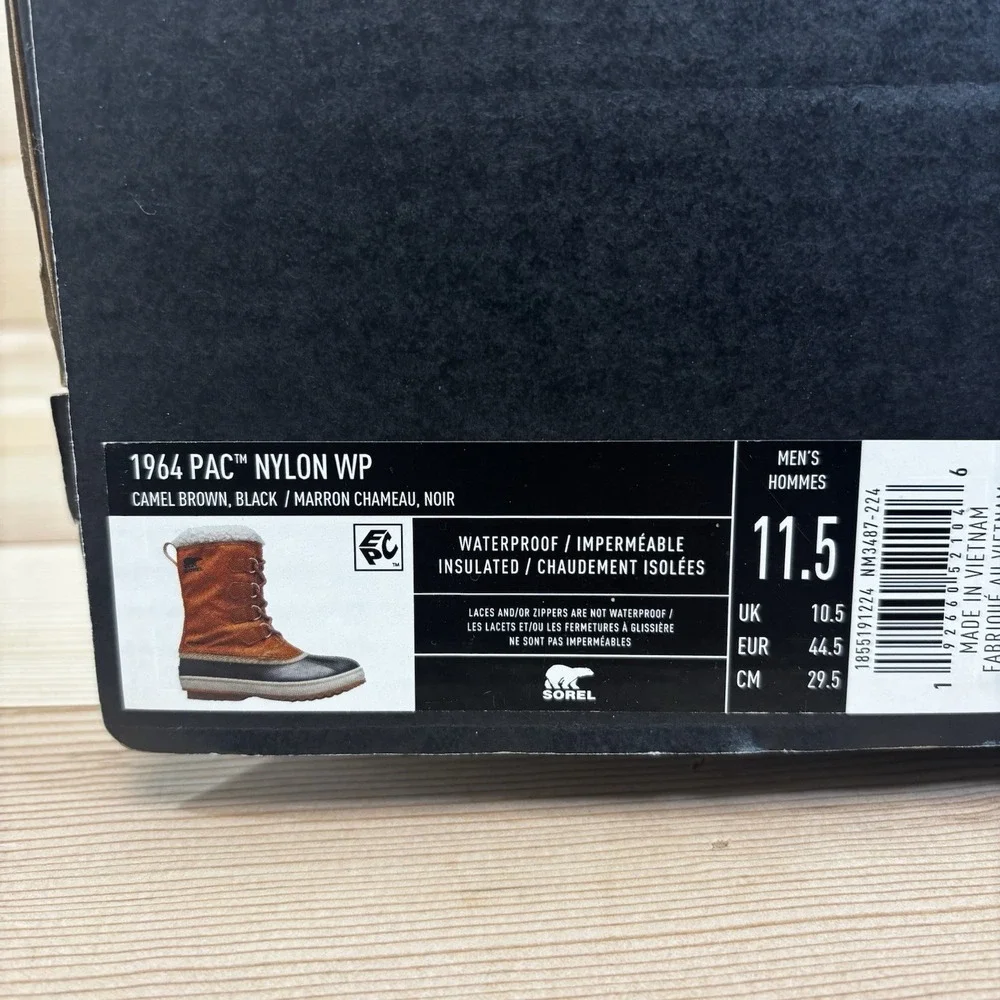 Sorel 1964 Pac Nylon Insulated Waterproof Boots/Shoes Brown Sz Men's 11.5 New